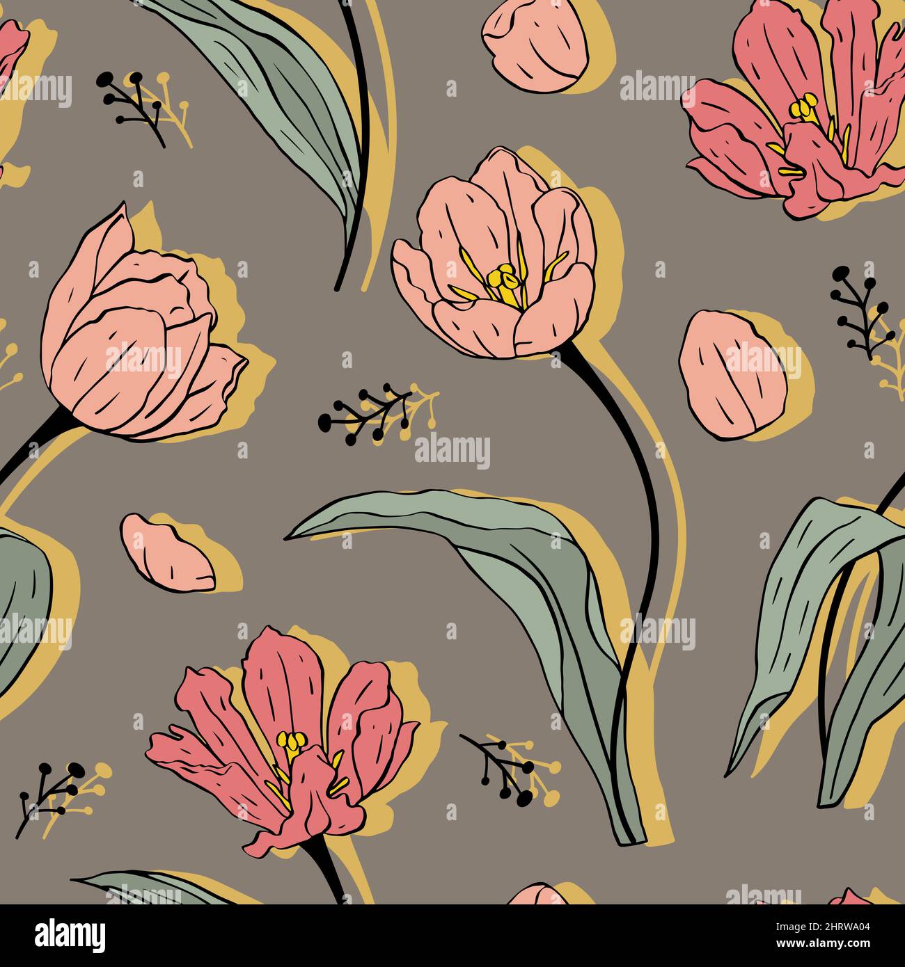 seamless pattern with red and blue line art tulips flowers on beige