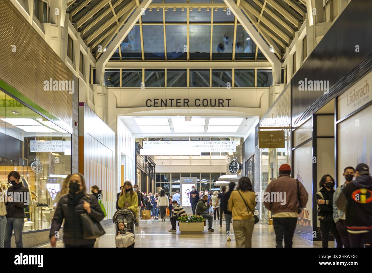 Interior of Prudential Center in Boston, Massachusetts. Shopping and dining destination in Back
