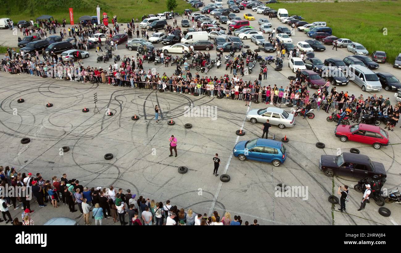 Drag recing. Car competition. Many people cars. Top view. Stock Photo