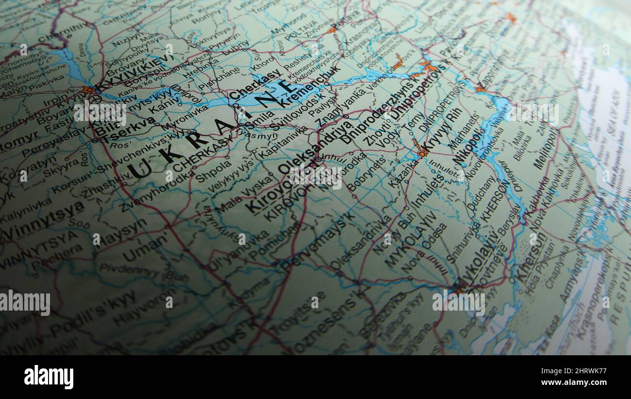 A close up fish eye view of the word Ukraine on a geographical map of the country. Nation of Ukraine in an atlas with text. Kyyiv or Kiev is also prom Stock Photo