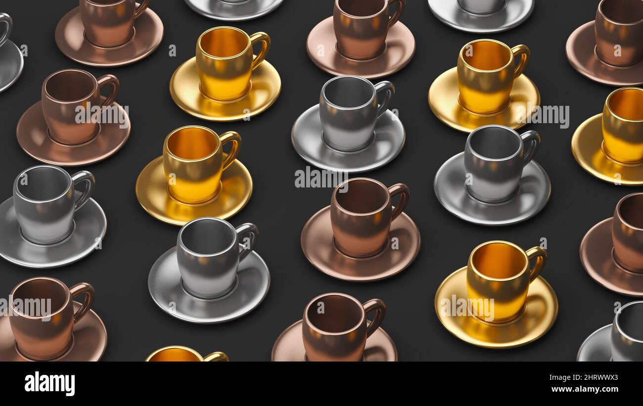 Large group of metallic coffee cups, 3d illustration Stock Photo