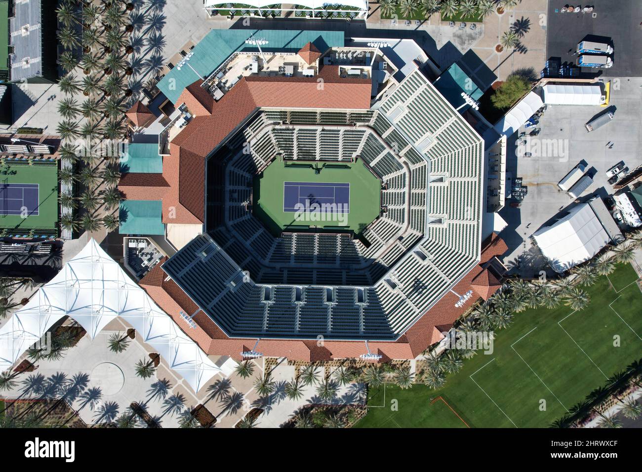 Indian Wells, USA. 25th Feb, 2022. An aerial view of Stadium 2 at the Indian Wells Tennis Garden, Friday, Feb