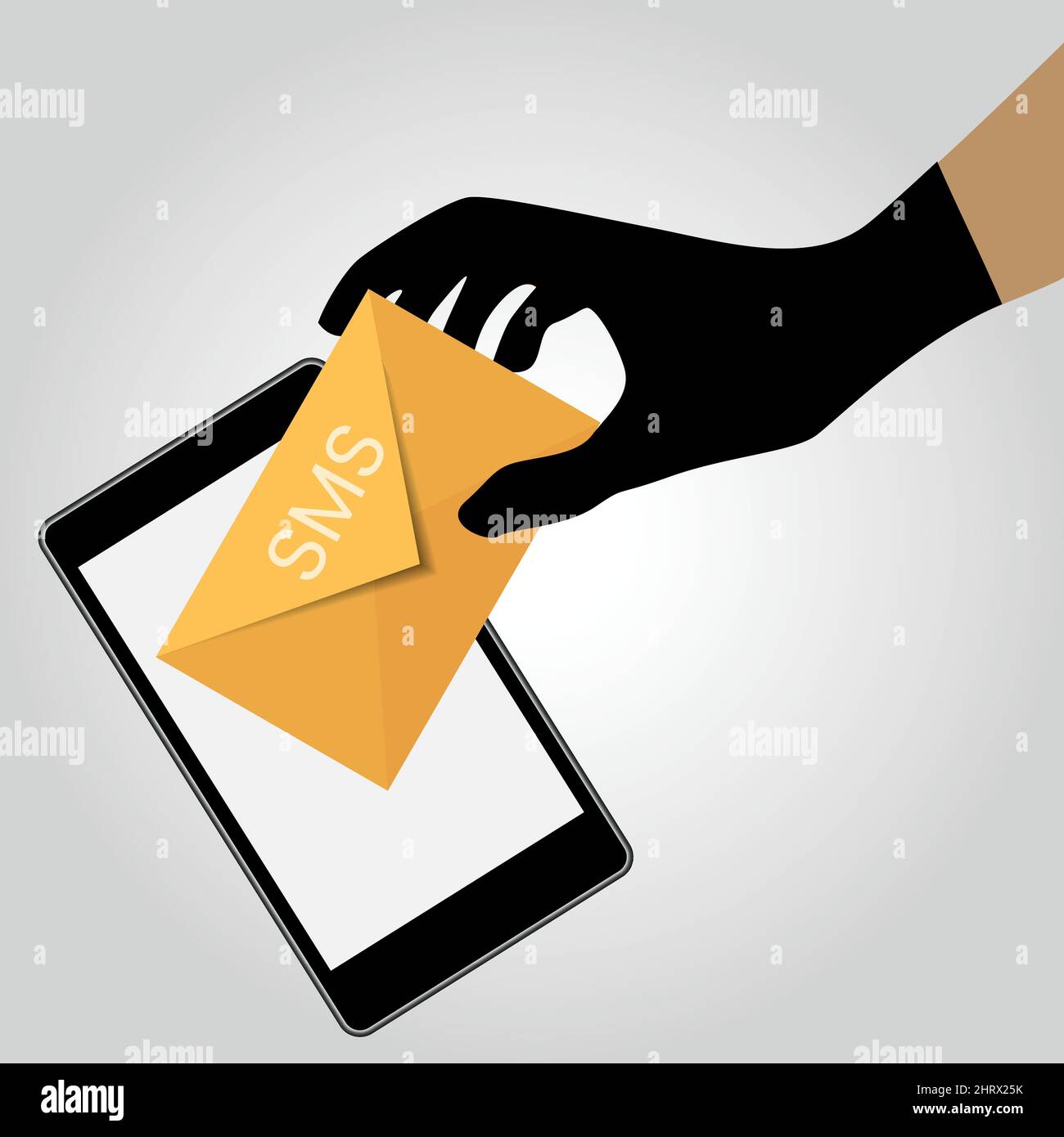 Smishing concept. Thief inserting in a cell phone a sms for fraudulent use. Alert for trap messages Stock Vector