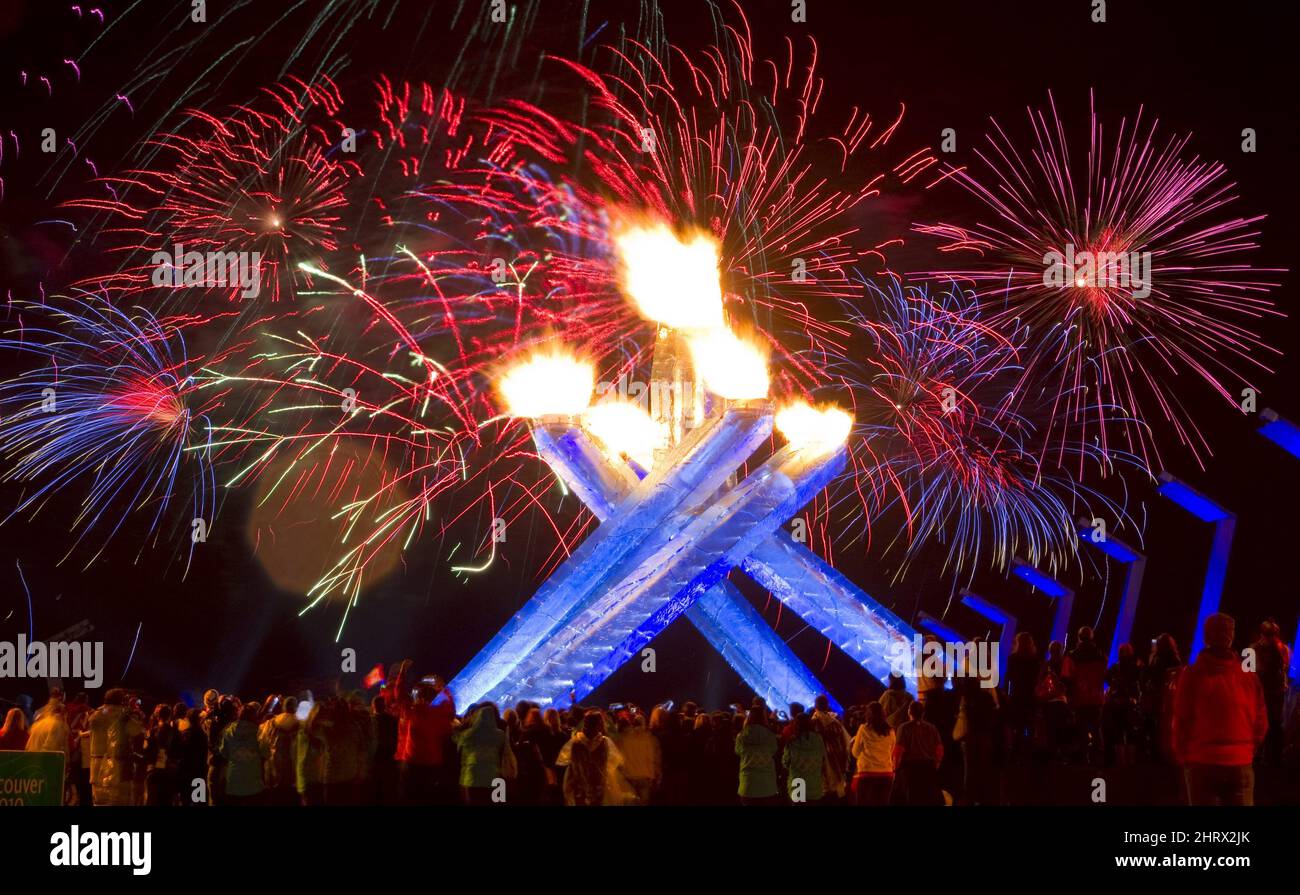Fire Works explode after Wayne Gretzky lit the Olympic cauldron during ...
