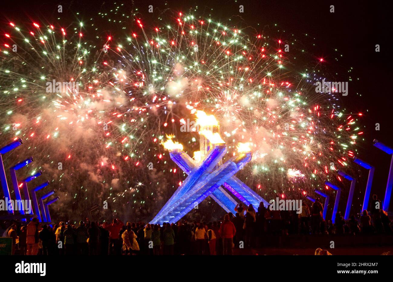 Fire Works explode after Wayne Gretzky lit the Olympic cauldron during ...