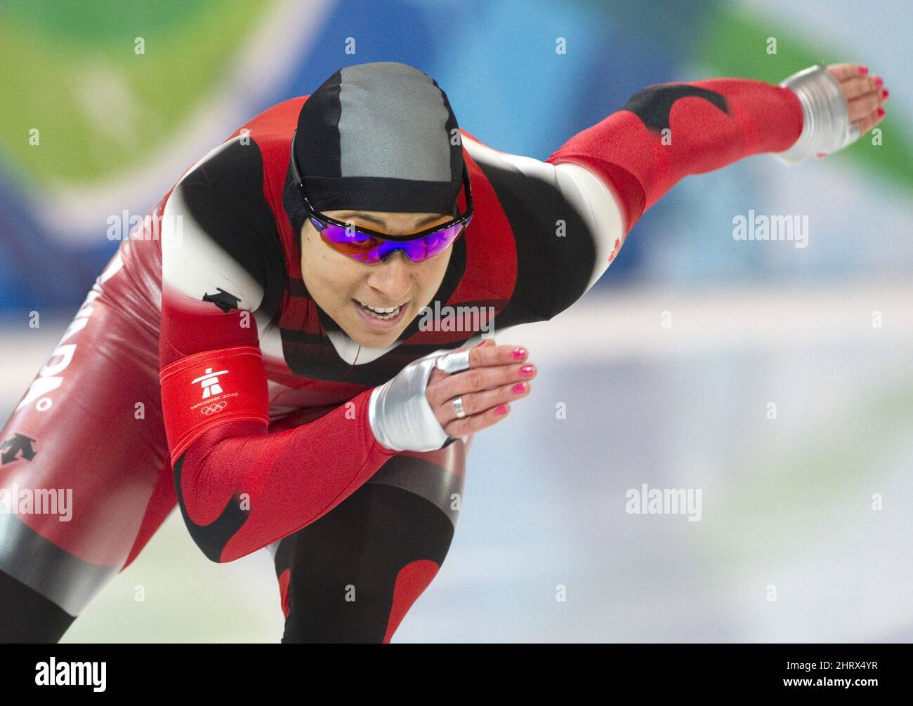 Canadian speedskater Shannon Rempel skates during the women's 500m longtrack speed skating