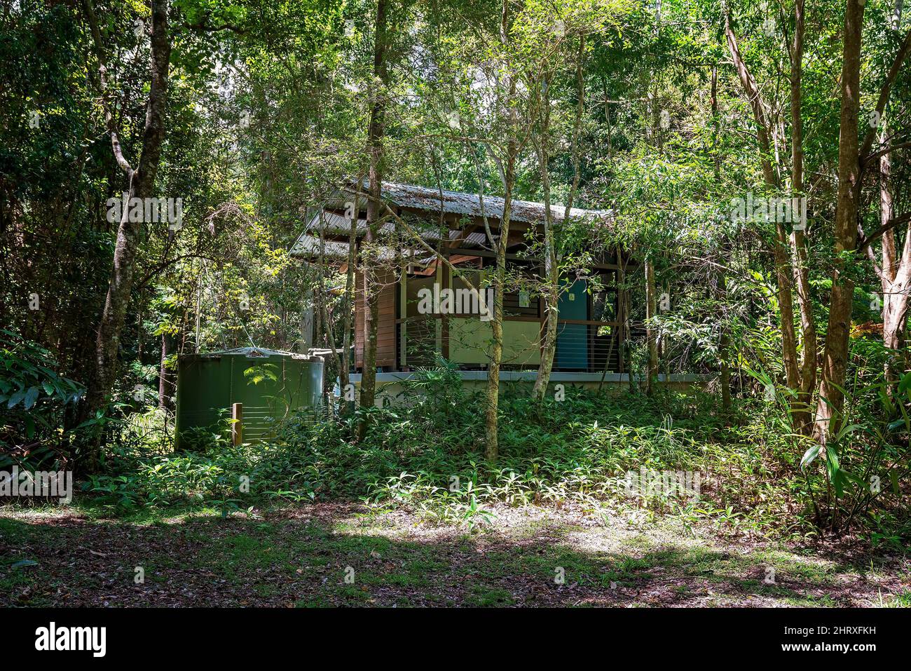 Public toilets in a national park surrounded by tropical rainforest. Stock Photo