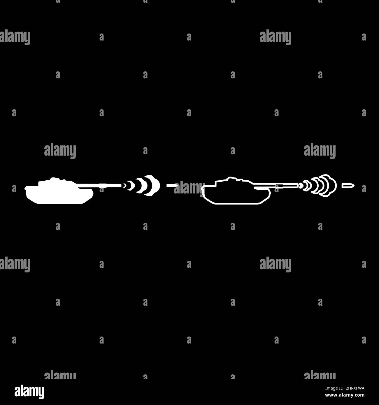 Tank shooting projectile shell military smoking after shot war battle concept set icon white color vector illustration image simple solid fill Stock Vector