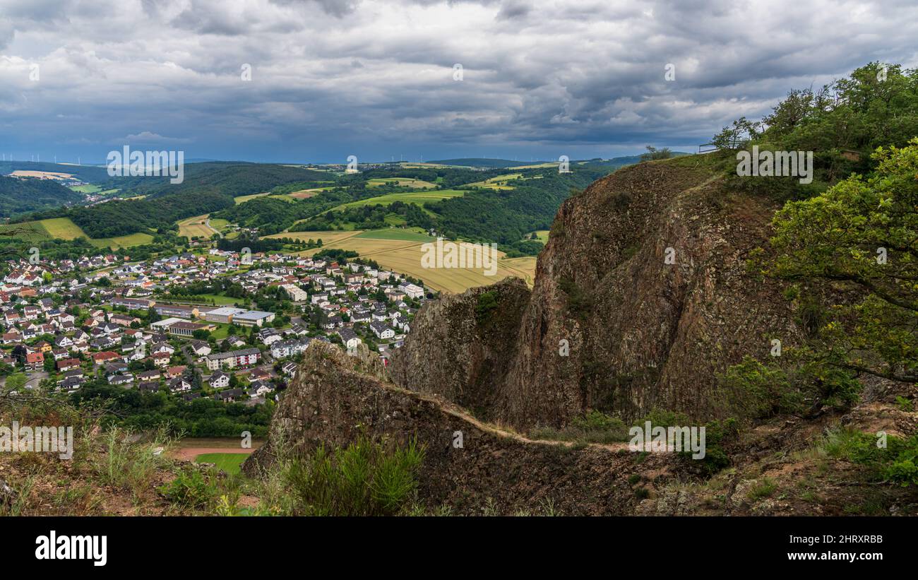 Near Bad Muenster am Stein, Rhineland-Palatine, Germany - August 29, 2021: View from the Rotenfels towards Ebernburg Stock Photo