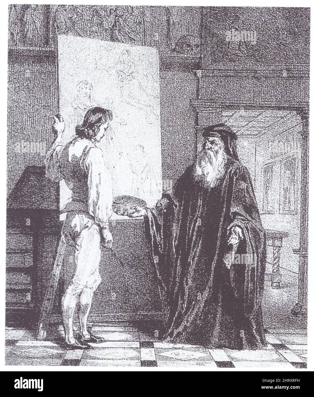 JEAN GIGOUX. VERROCCHIO RECOGNISES THE GREATER TALENT OF HIS PUPIL LEONARDO. 1835. LITHOGRAPH. 293 MM X 233 MM Stock Photo