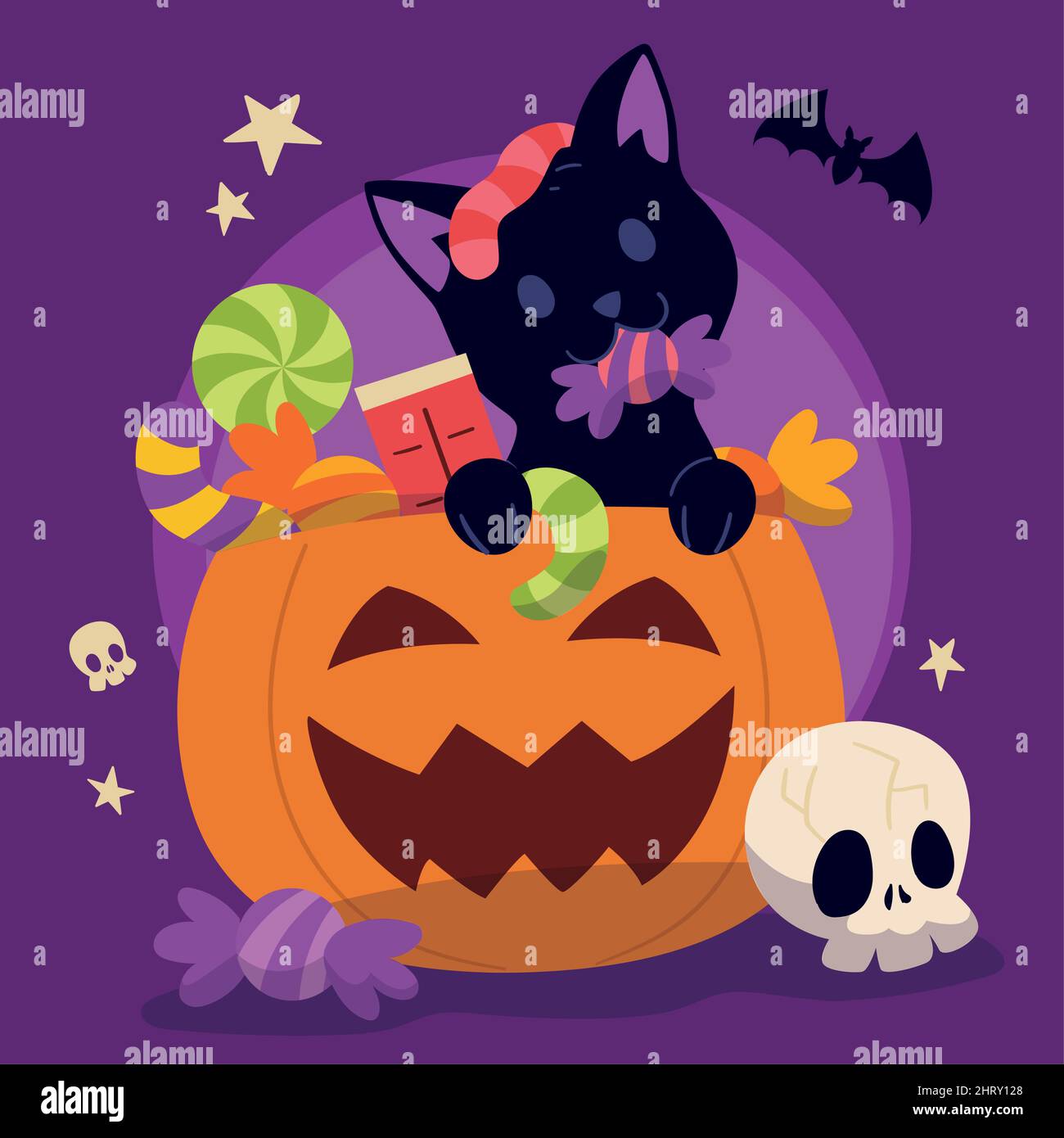 Colored halloween poster Pumpkin with candies and happy cat Vector ...