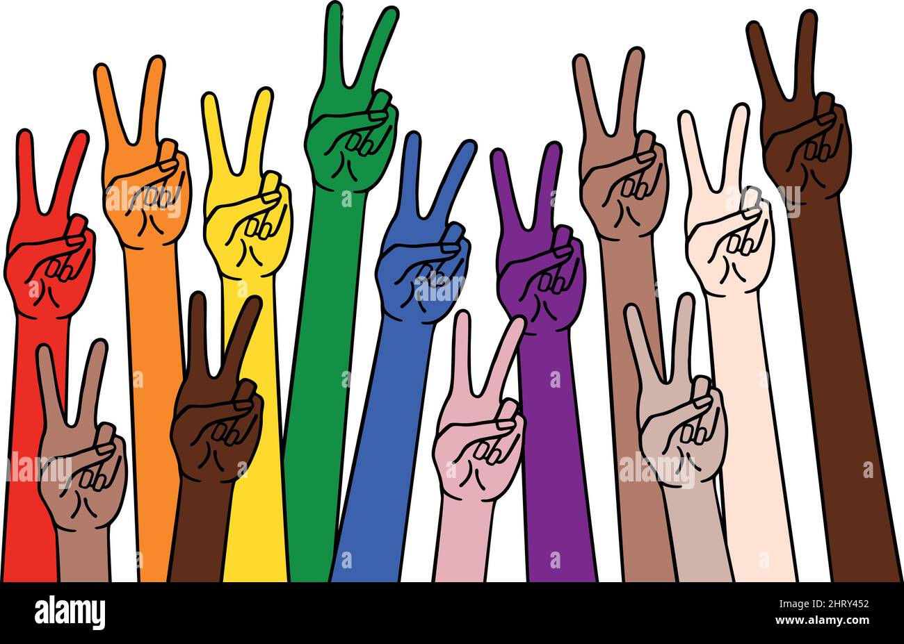 human hands with peace sign, victory symbol, diversity concept, rainbow colors, LGBT, vector illustration Stock Vector
