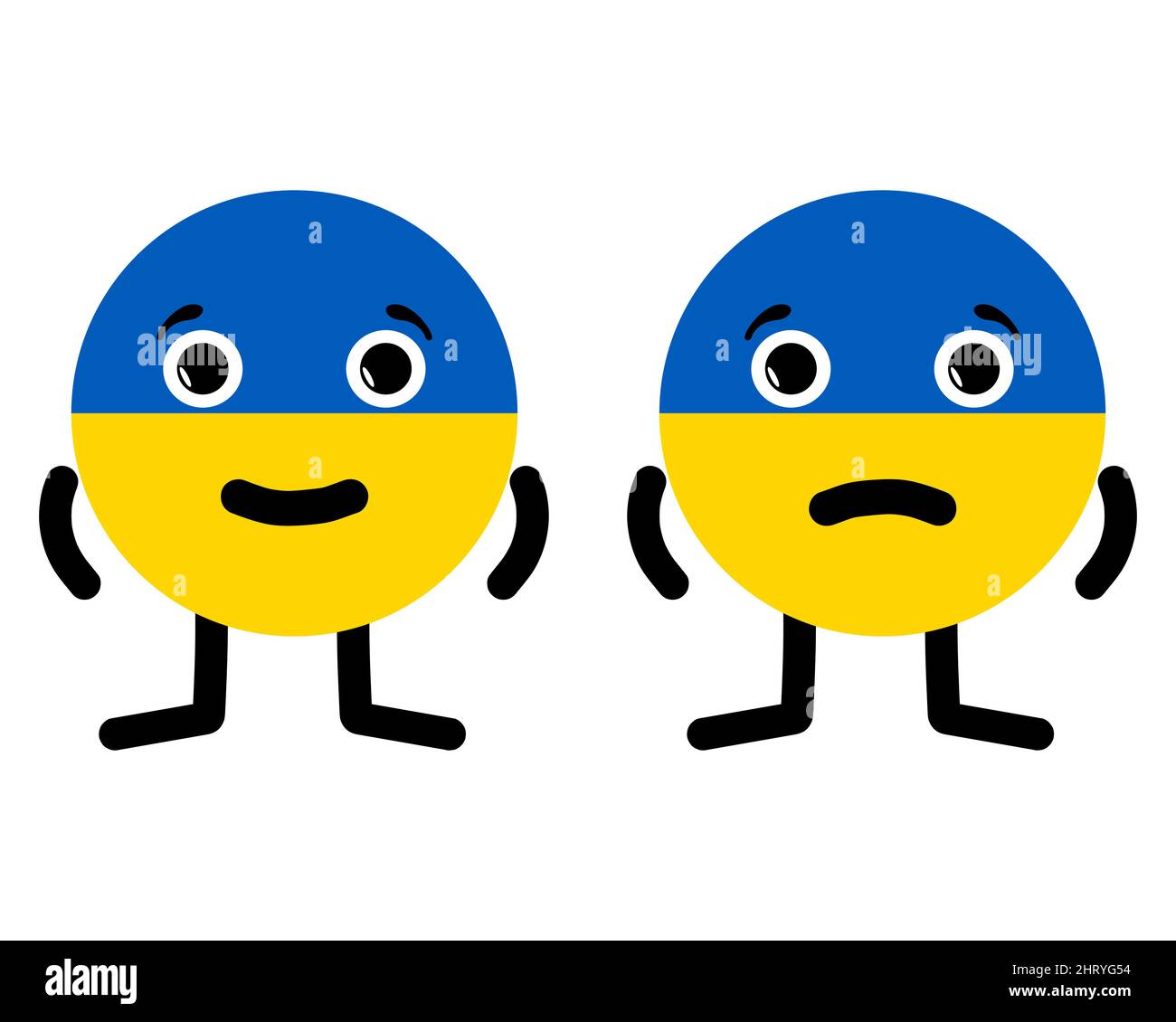 Two characters in the form of national Ukrainian flag. Happy and sad cartoon emoticon is depicted as Ukraine. Cute emoji faces symbolizing the situati Stock Vector