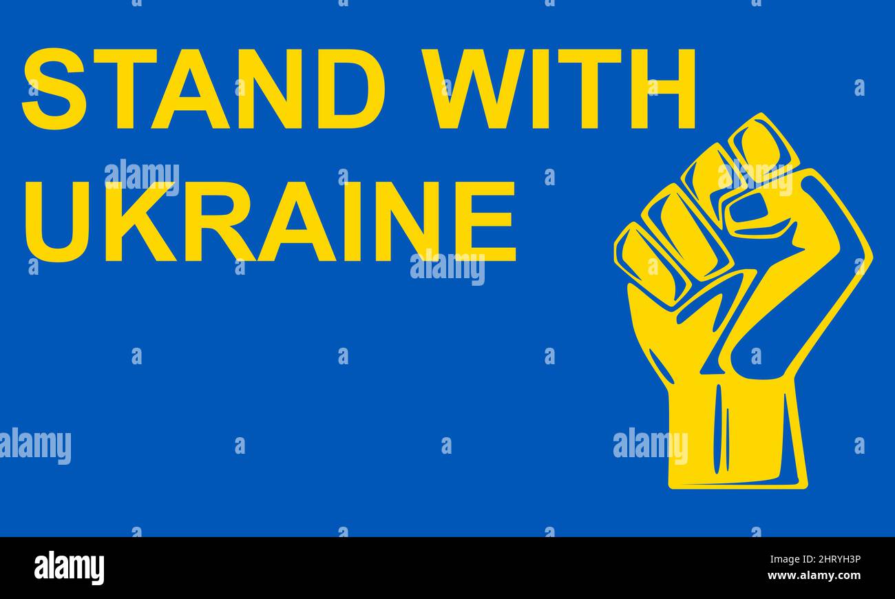 Human fist graphics in Ukraine flag colours with text on blue background. Stand with Ukraine. Stock Vector