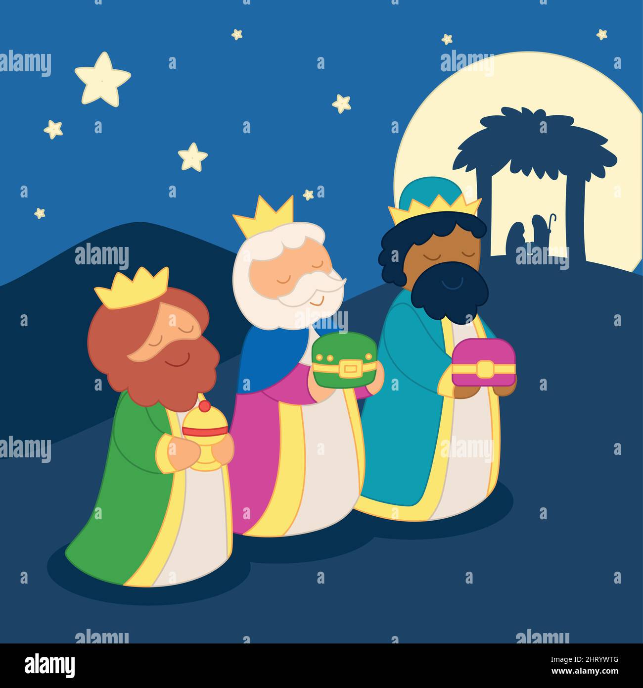 Three wise men cartoon kawaii silhouette of nativity scene Vector Stock ...