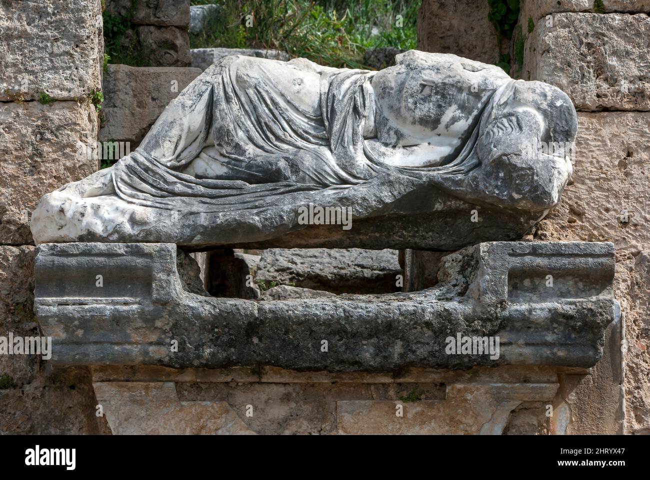 The statue of Kestros the river god at the Perge Nymphaeum in Turkey. This fountain is where spring water first entered the ancient city. Stock Photo