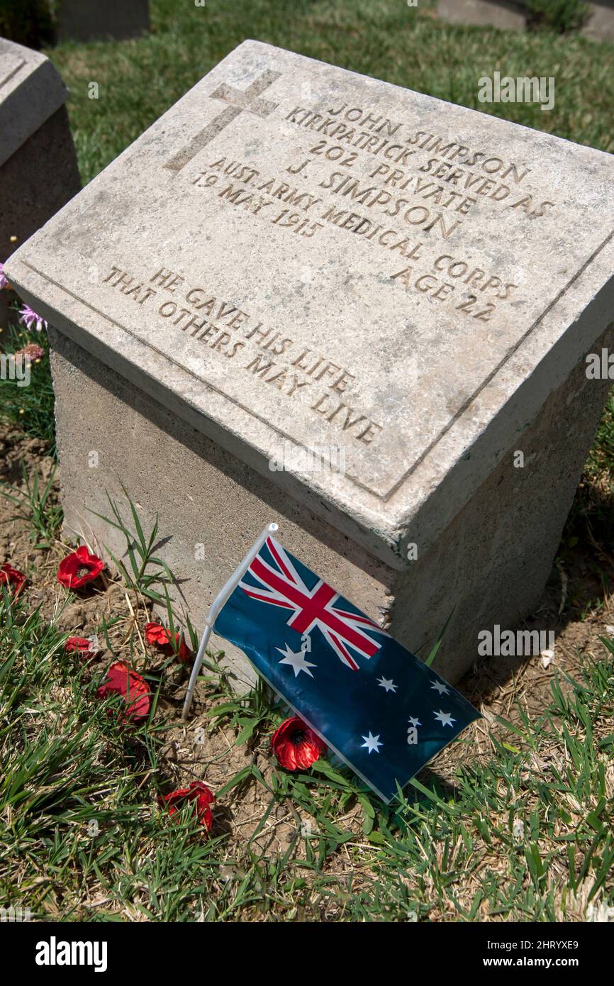 The headstone of Australian World War One soldier John Simpson Kirkpatrick located in the Beach Cemetery at Gallipoli in Turkey. Stock Photo