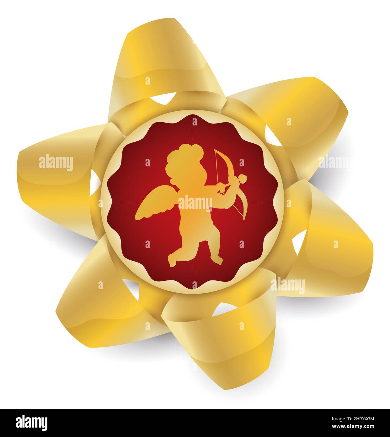 Golden star shaped bow with red button and Cupid silhouette holding a bow and arrow isolated over white background. Stock Vector