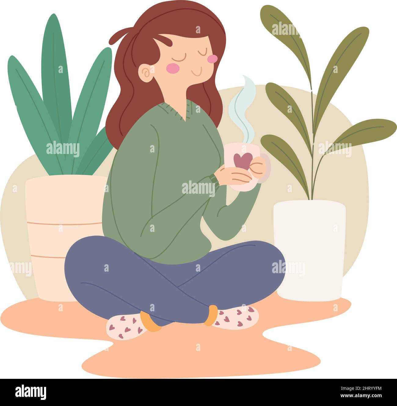 Happy woman having a cup of coffee sitting around plants Vector Stock Vector