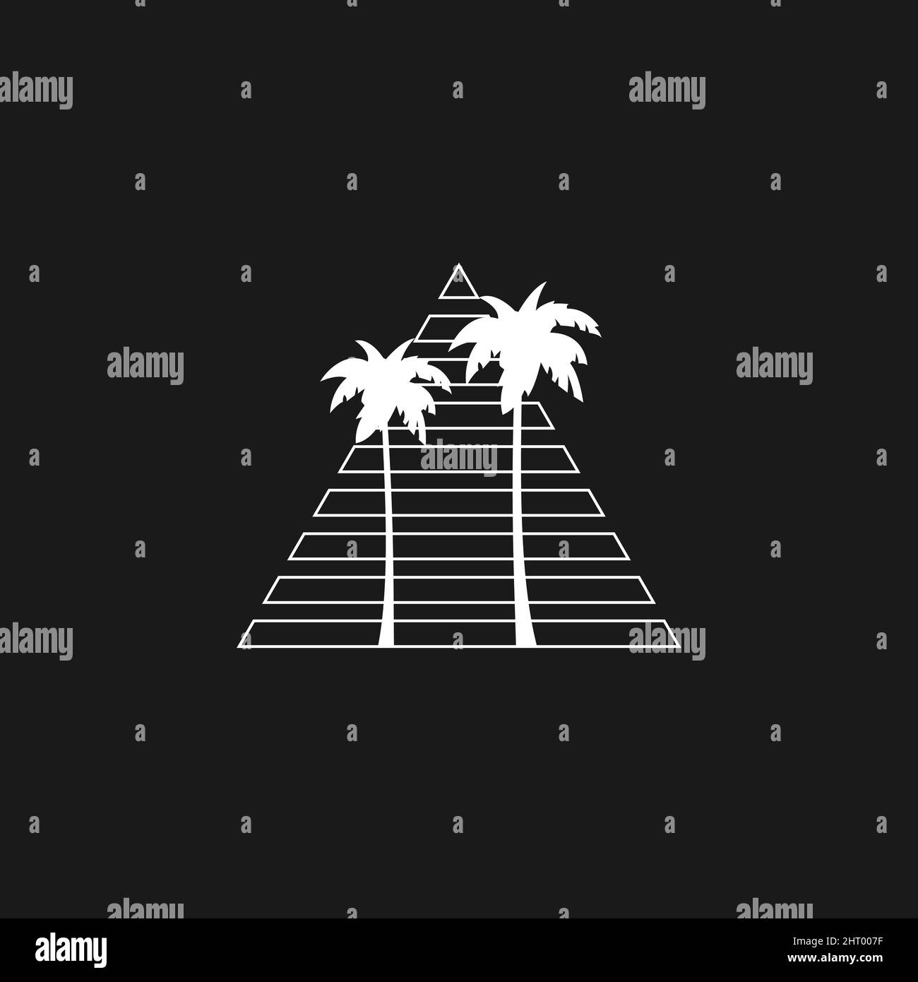 Retrowave aesthetics, the composition of a linear triangle with beach palm tree silhouette. Black and white composition 1980s style. Design element Stock Vector