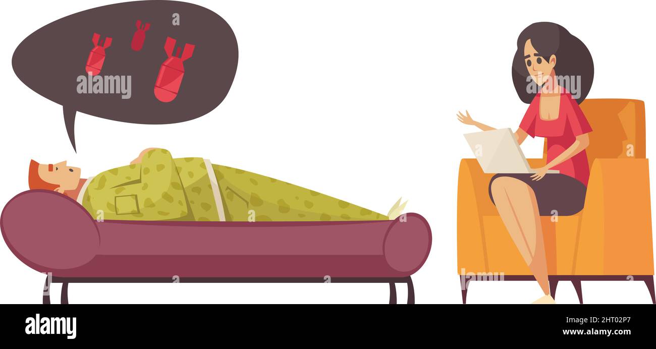 Cartoon style composition with female psychologist talking to male patient isolated vector illustration Stock Vector