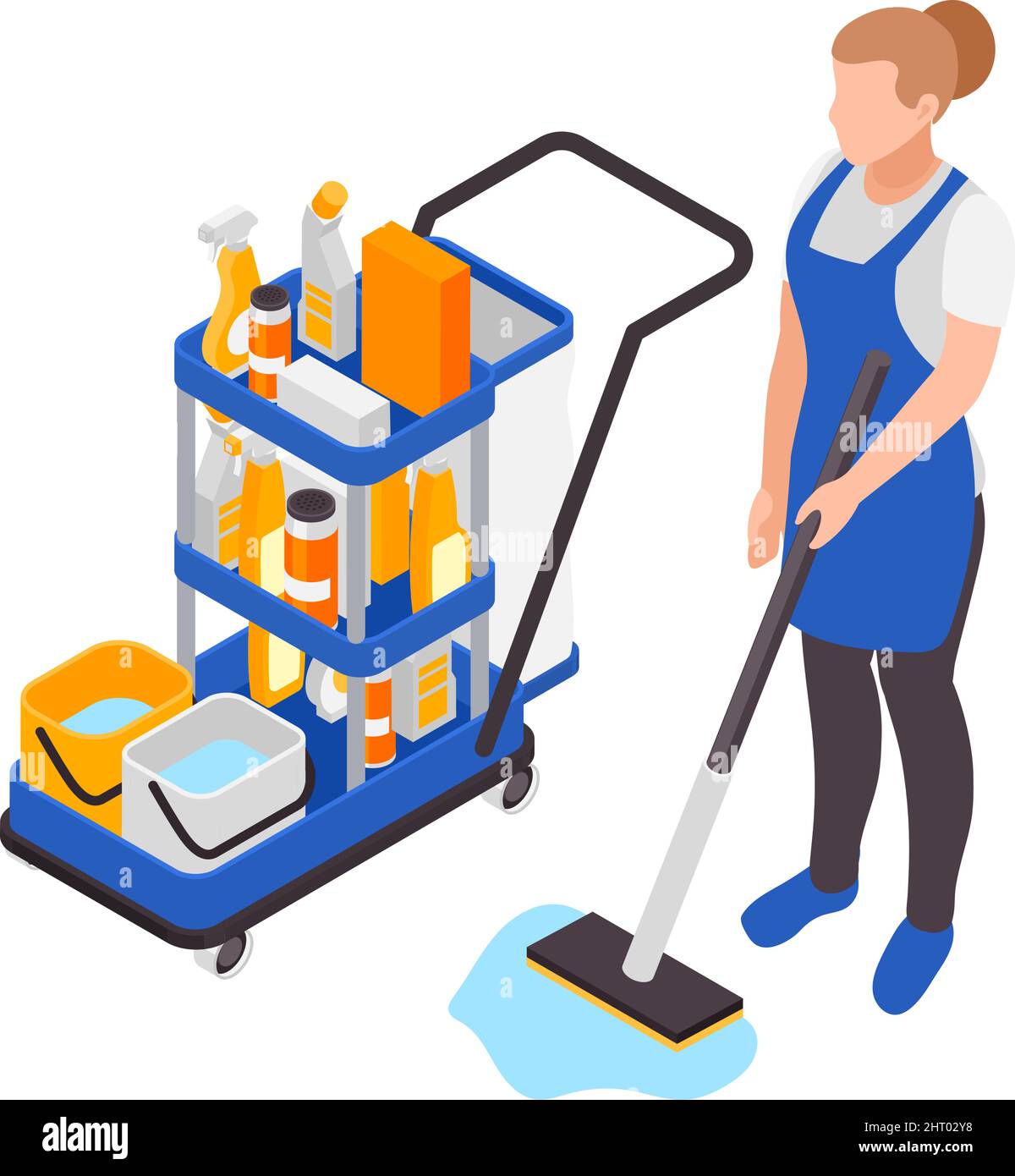 Professional cleaning service isometric composition with view of janitorial supplies on wheel