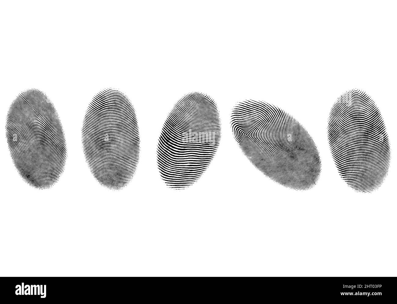 row of five fingerprints, isolated Stock Photo