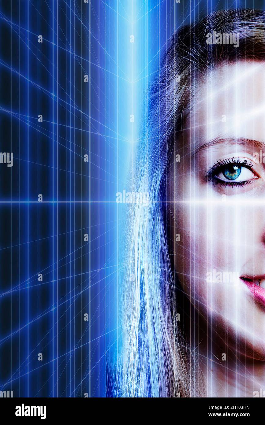 blonde young woman face and technology background, future generations and digital generation concept Stock Photo