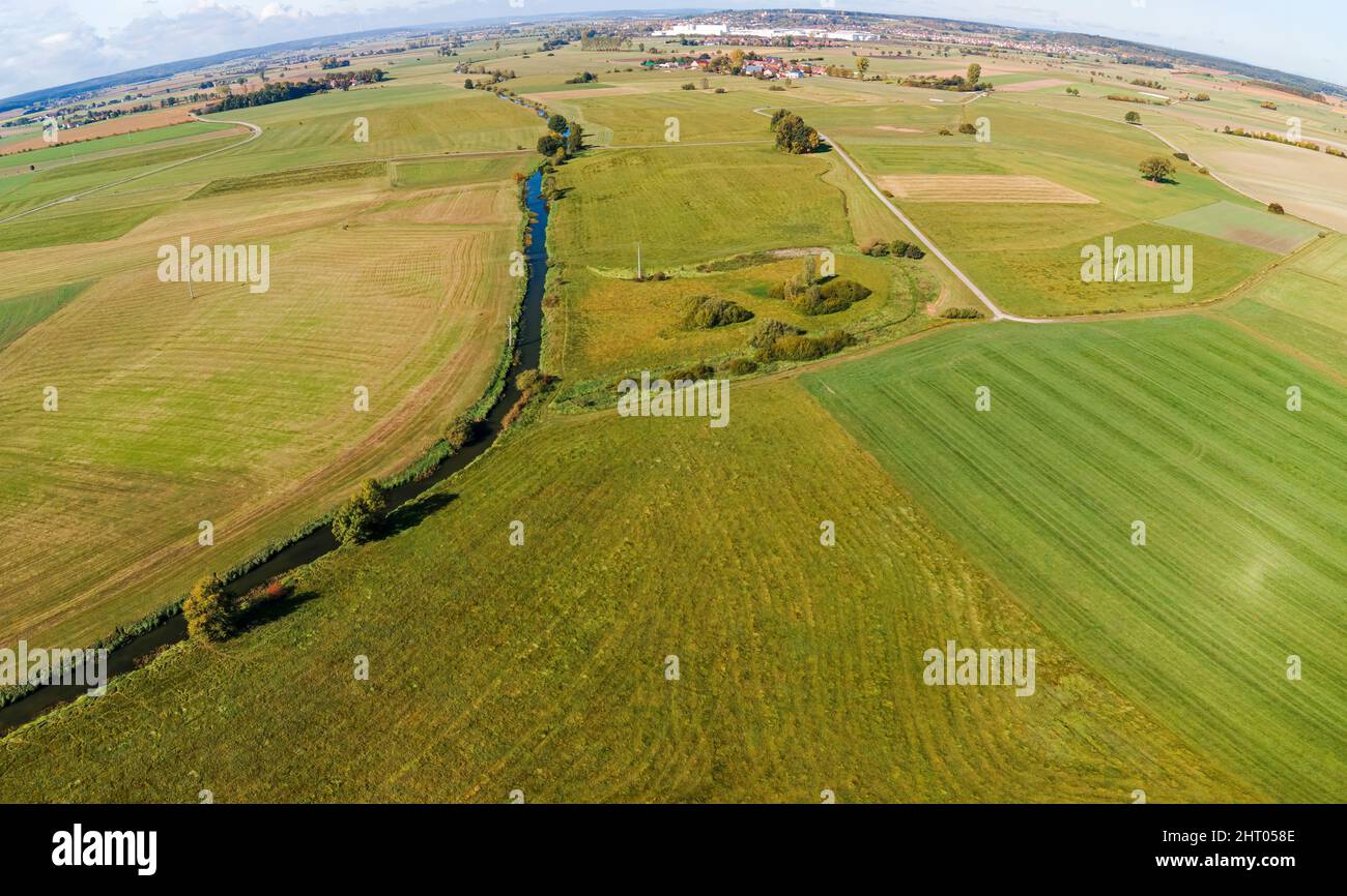 Aerial view of Franconia landscape with the Altmuehl and the curved