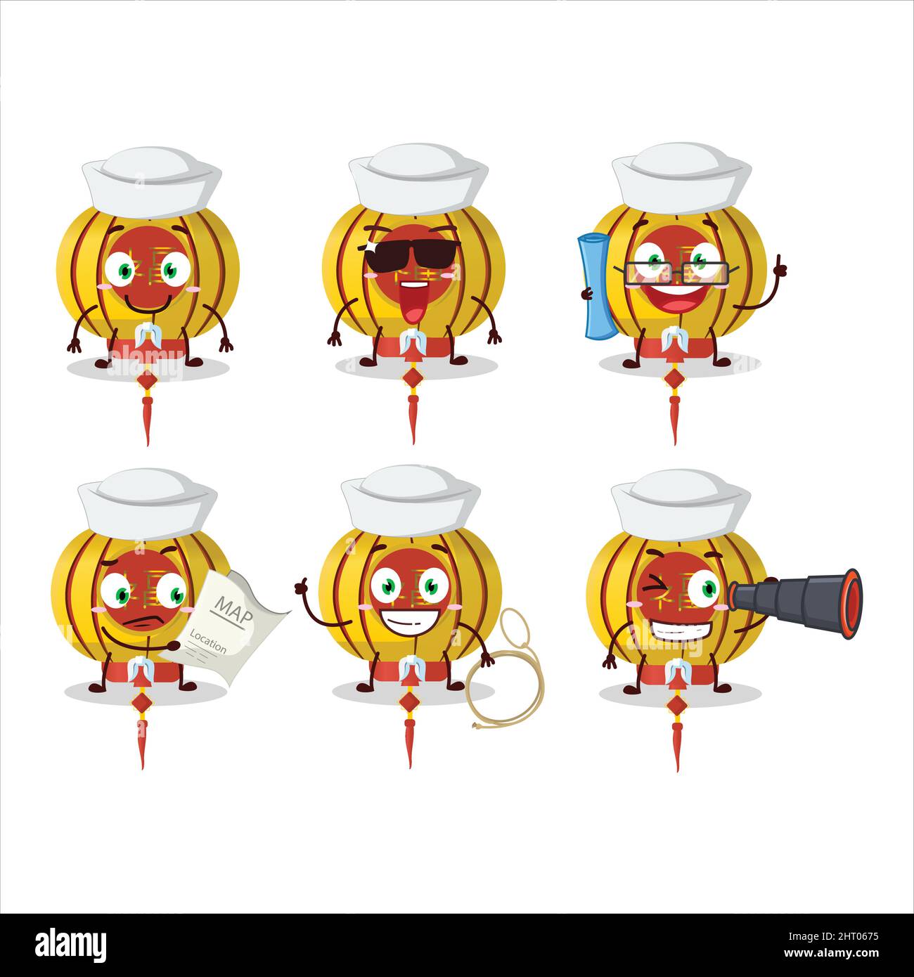 A character image design of yellow chinese lamp as a ship captain with binocular. Vector illustration Stock Vector