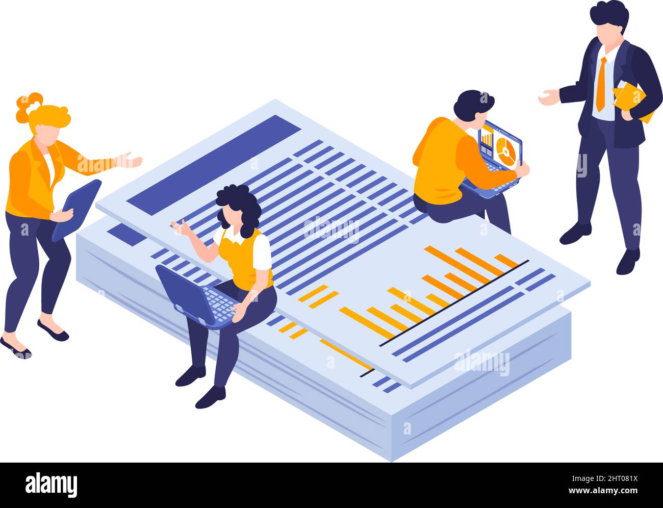 Isometric marketing strategy business composition of isolated stack of ...