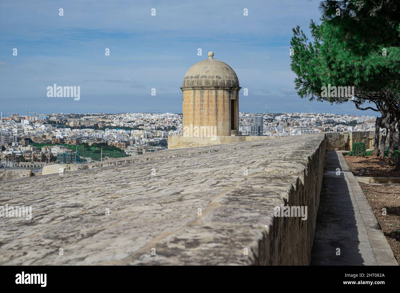 Gun turret on old city walls in Valletta, Malta Stock Photo