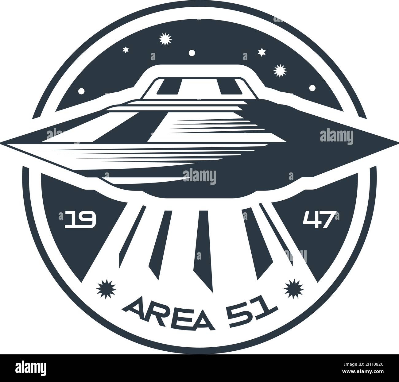 Space emblem monochrome composition with text area 51 and starry sky with flying ufo vector illustration Stock Vector