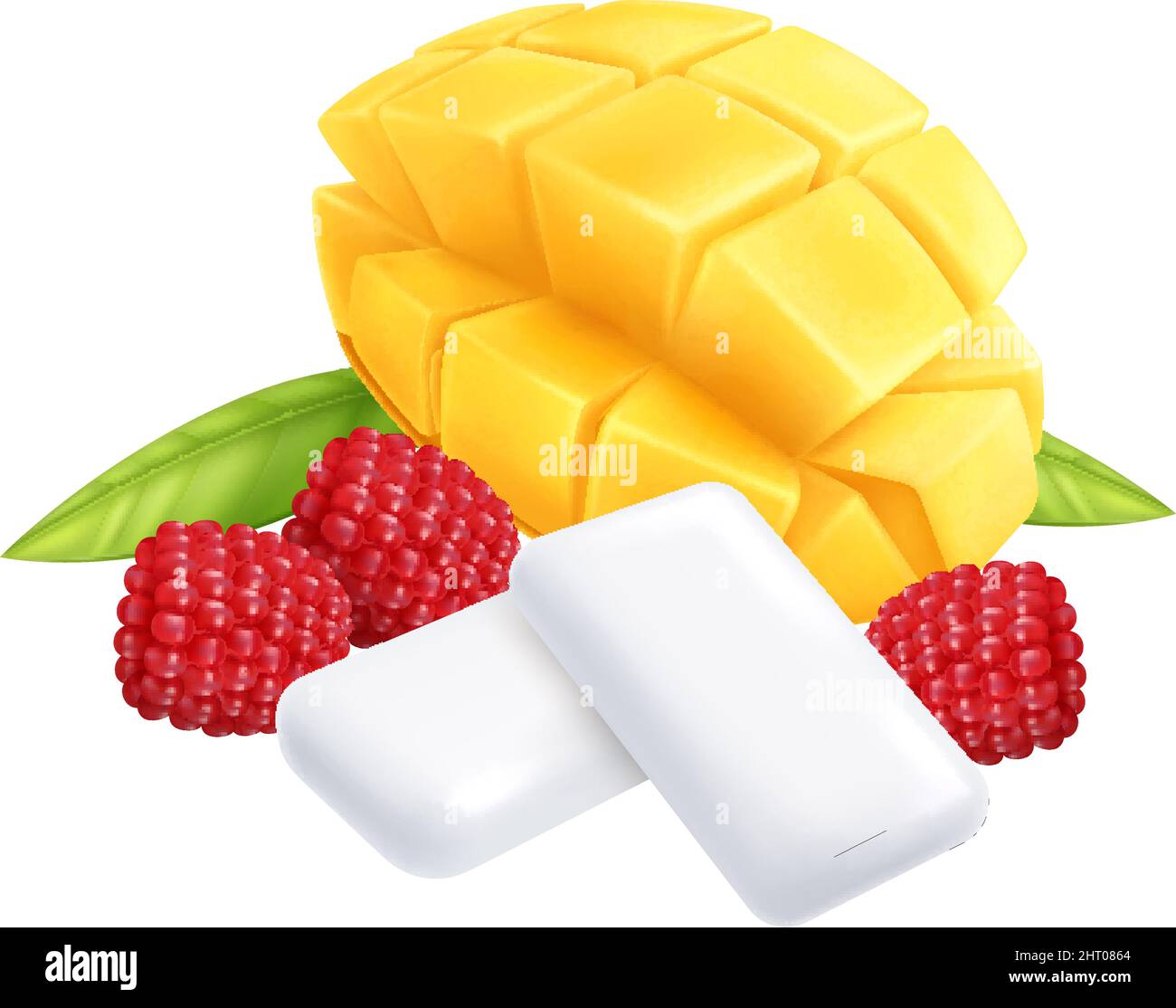 Fruit chewing gum pads with mango mint and raspberry realistic vector illustration Stock Vector