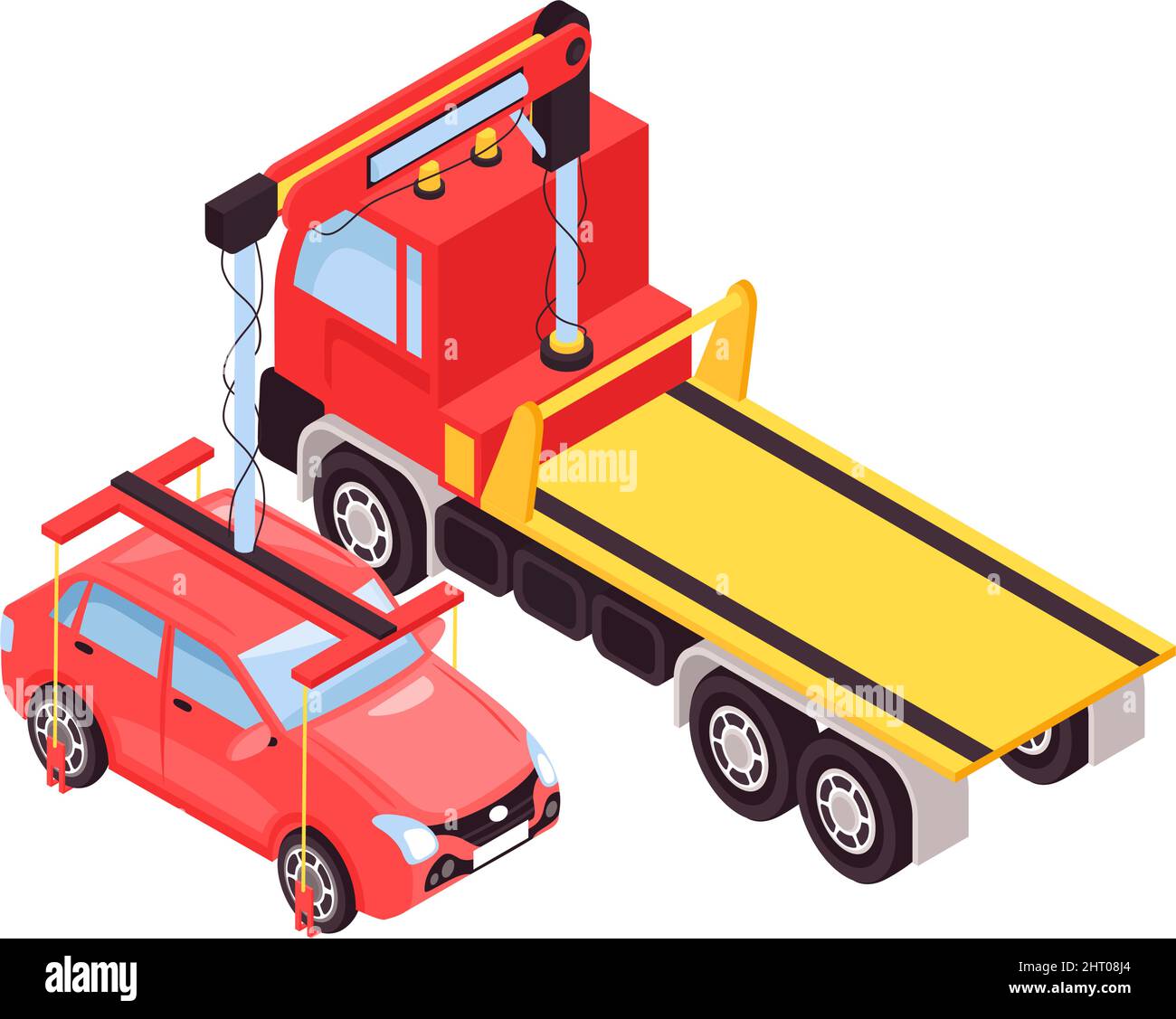 Isometric tow truck car vehicle transportation help road composition with isolated image vector illustration Stock Vector