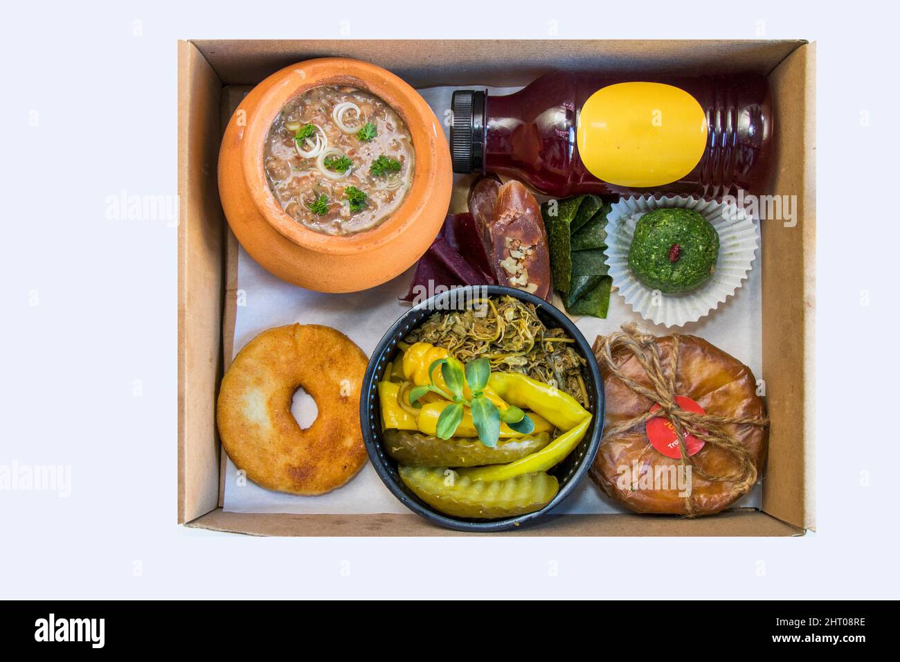 Georgian lunch box view, red beans and other food Stock Photo