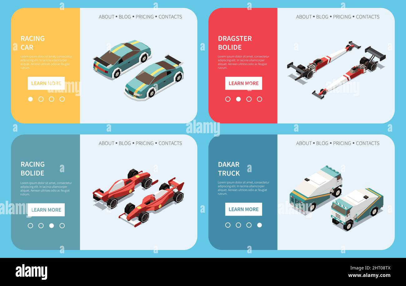 Car race isometric set of four horizontal banners with images of cars ...