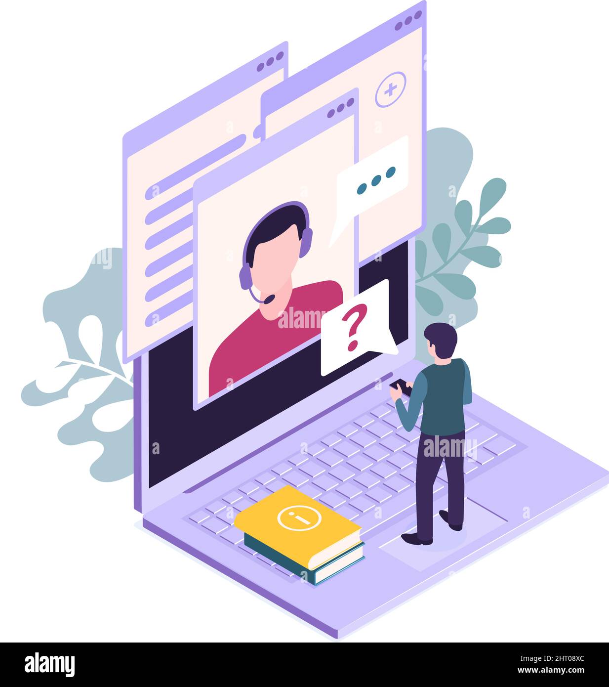 Isometric customer support faq composition with human character and computer with question mark vector illustration Stock Vector
