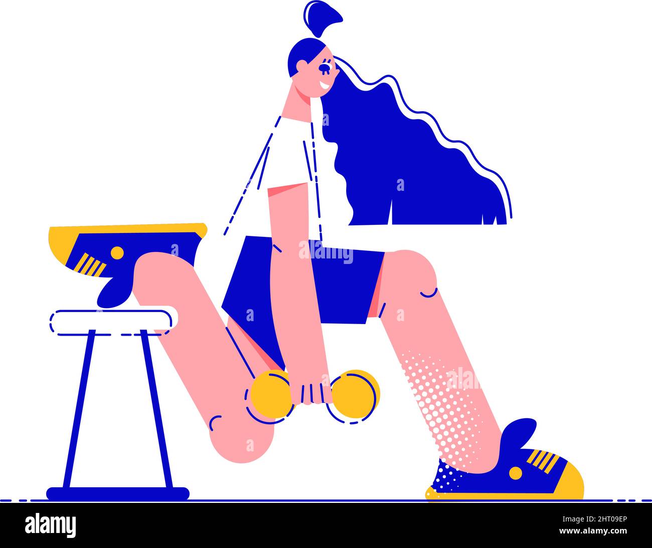 Fitness People Flat Composition With Character Of Girl Stretching Legs Holding Barbell Vector
