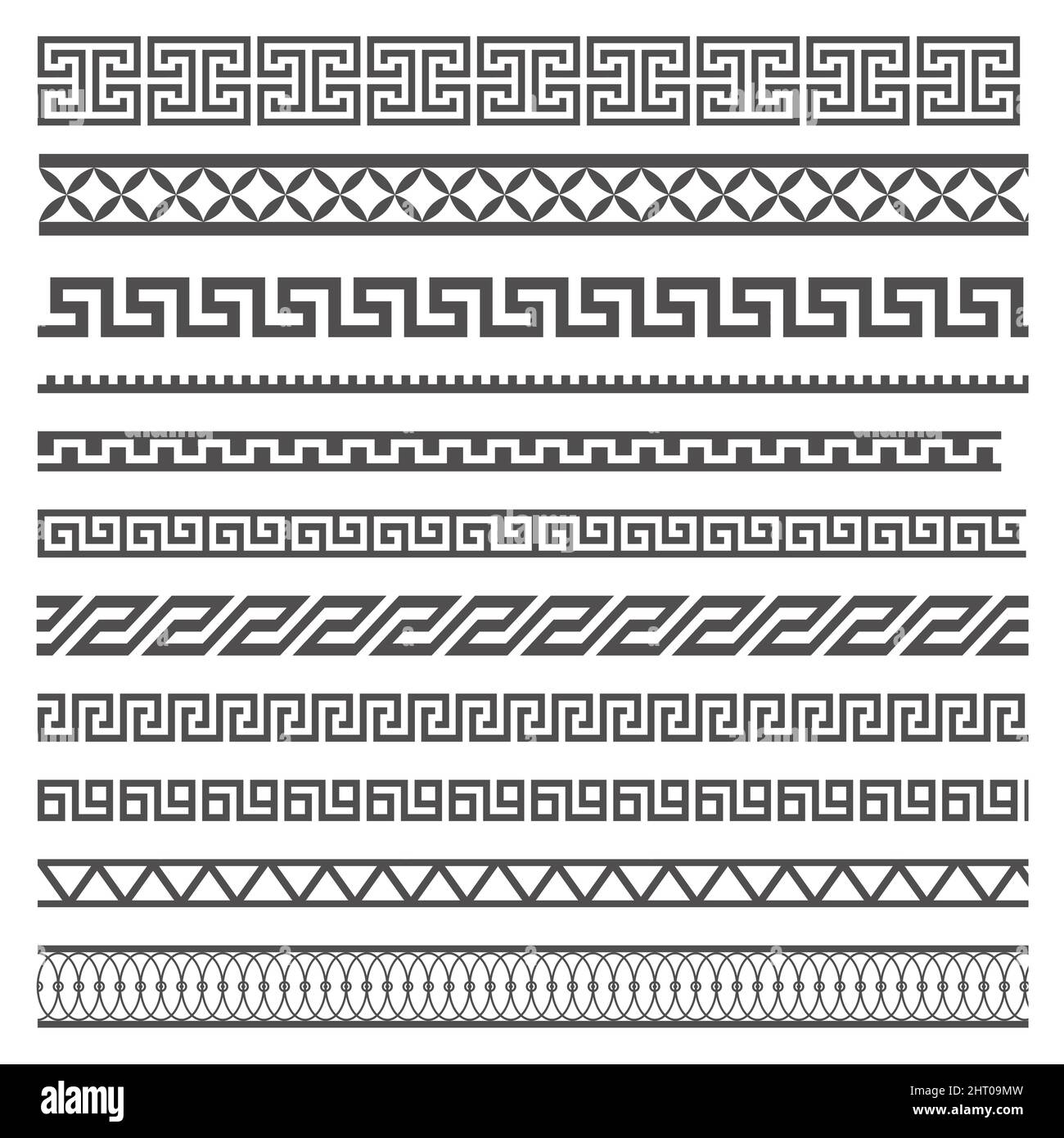 Greek style seamless frames. Geometric border set. Vector ornament pattern. Mediterranean decor elements. Stock Vector