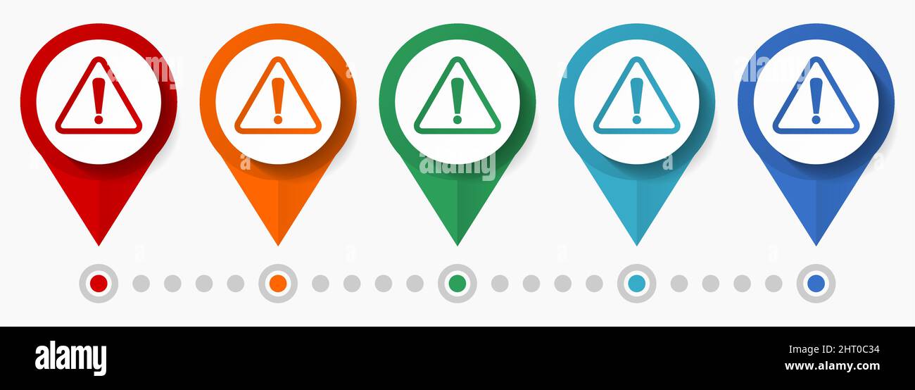 Exclamation sign concept vector icon set, flat design warning pointers, infographic template easy to edit Stock Vector
