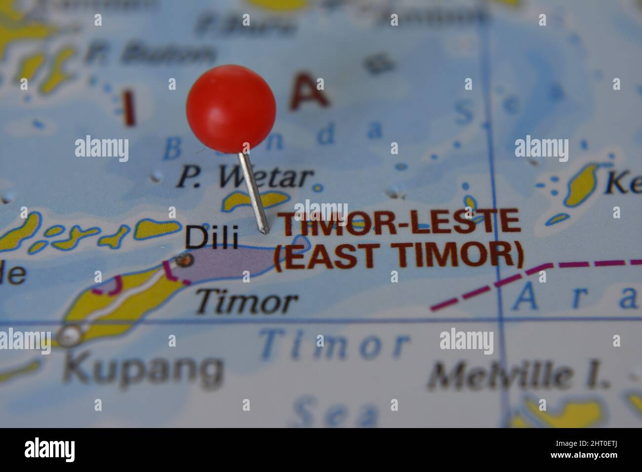 Timor Leste marked on map with red pin, in East Timor Stock Photo