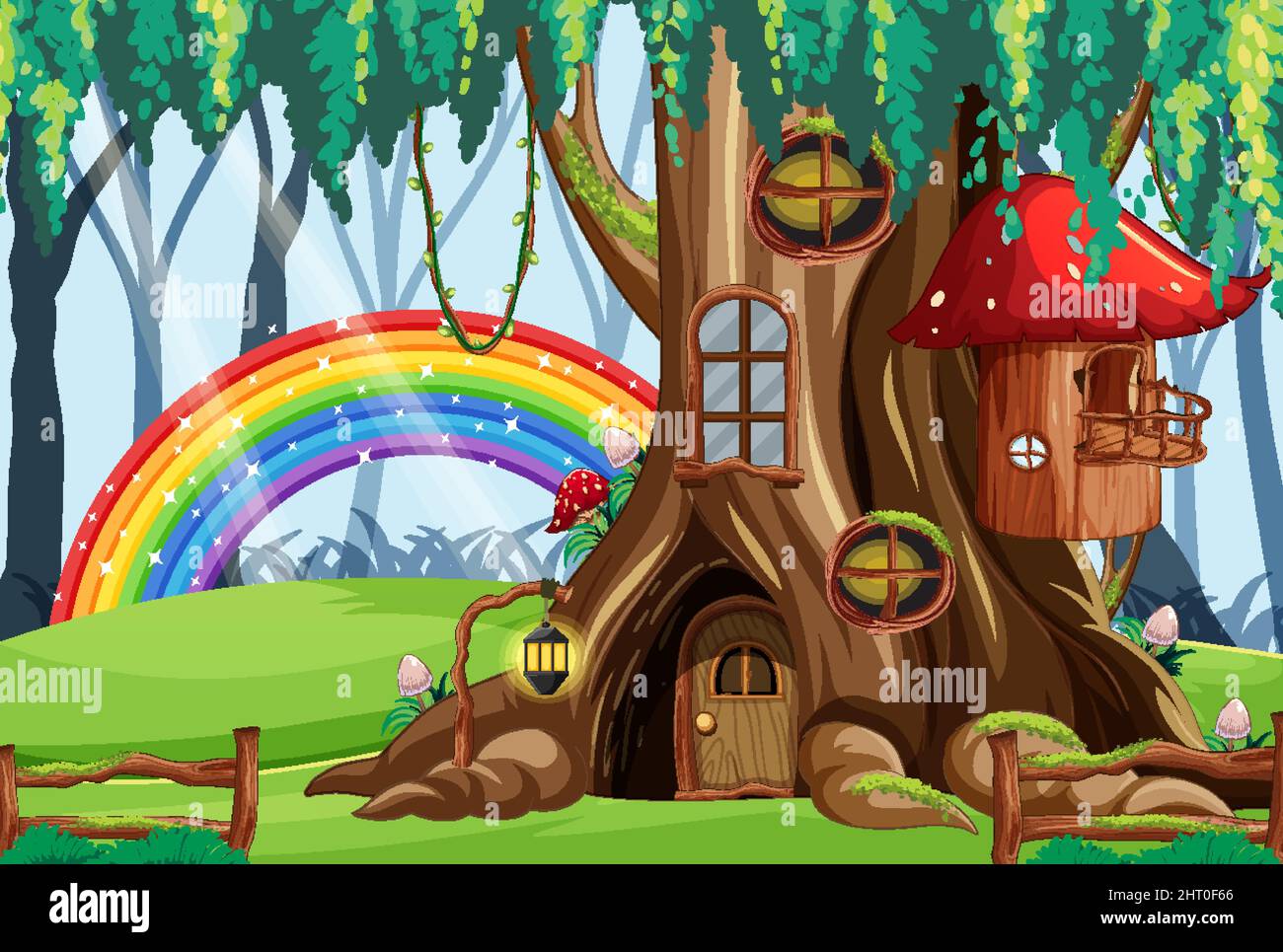 Fairy tree house in the forest with rainbow illustration Stock Vector