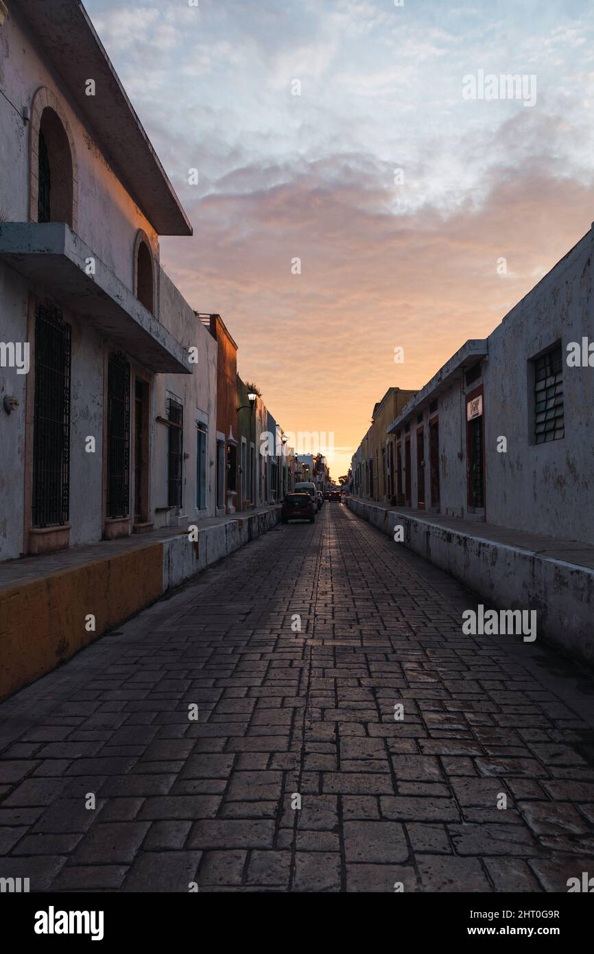 Beautiful view of the sunset through the houses in Campeche, Mexico