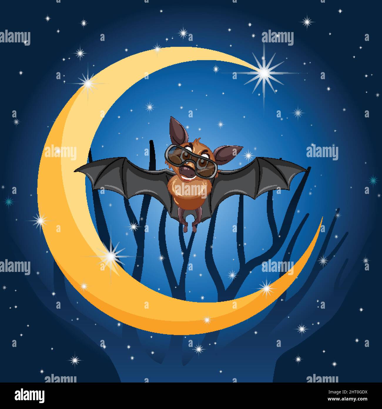 Cartoon bat with crescent moon background illustration Stock Vector