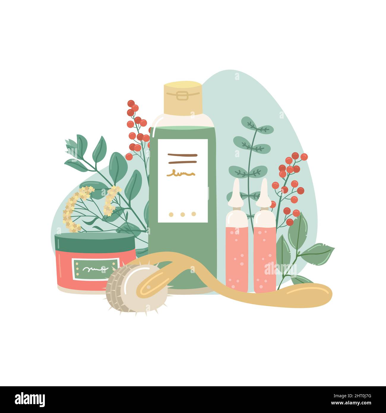 Vector illustration of a set for a procedure with a mesoroller with a botanical decor. Serum, cleansing tonic and soothing cream. Beauty Industry Stock Vector