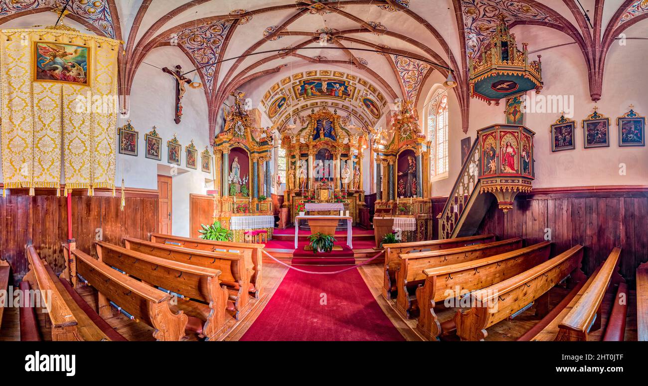 Panoramic interior view of the Church of St. Magdalena in Villnöss valley. Stock Photo