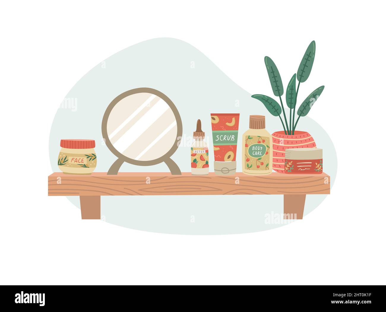 Vector illustration of a shelf with cosmetics for face and body care. Home cosmetic care. Stock Vector
