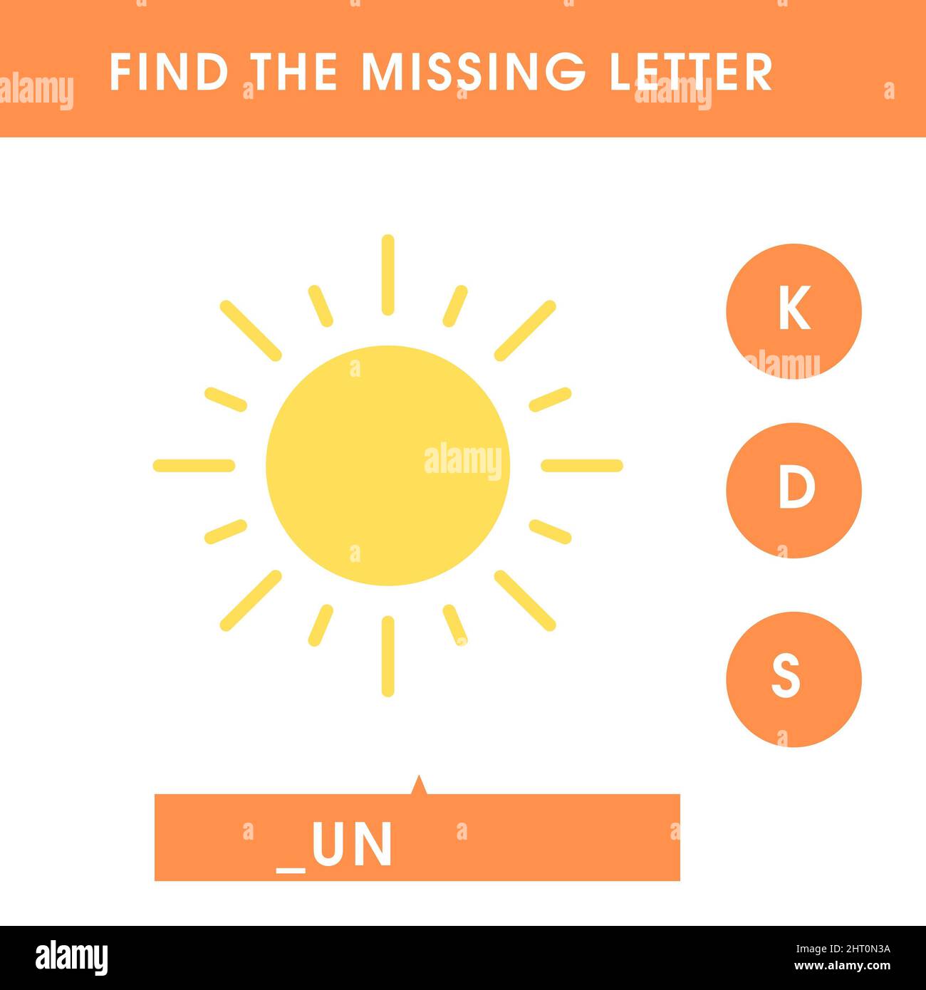 Find the missing letter. English grammar game for preschoolers. Spelling worksheet for kids with bright yellow sun. Stock Photo