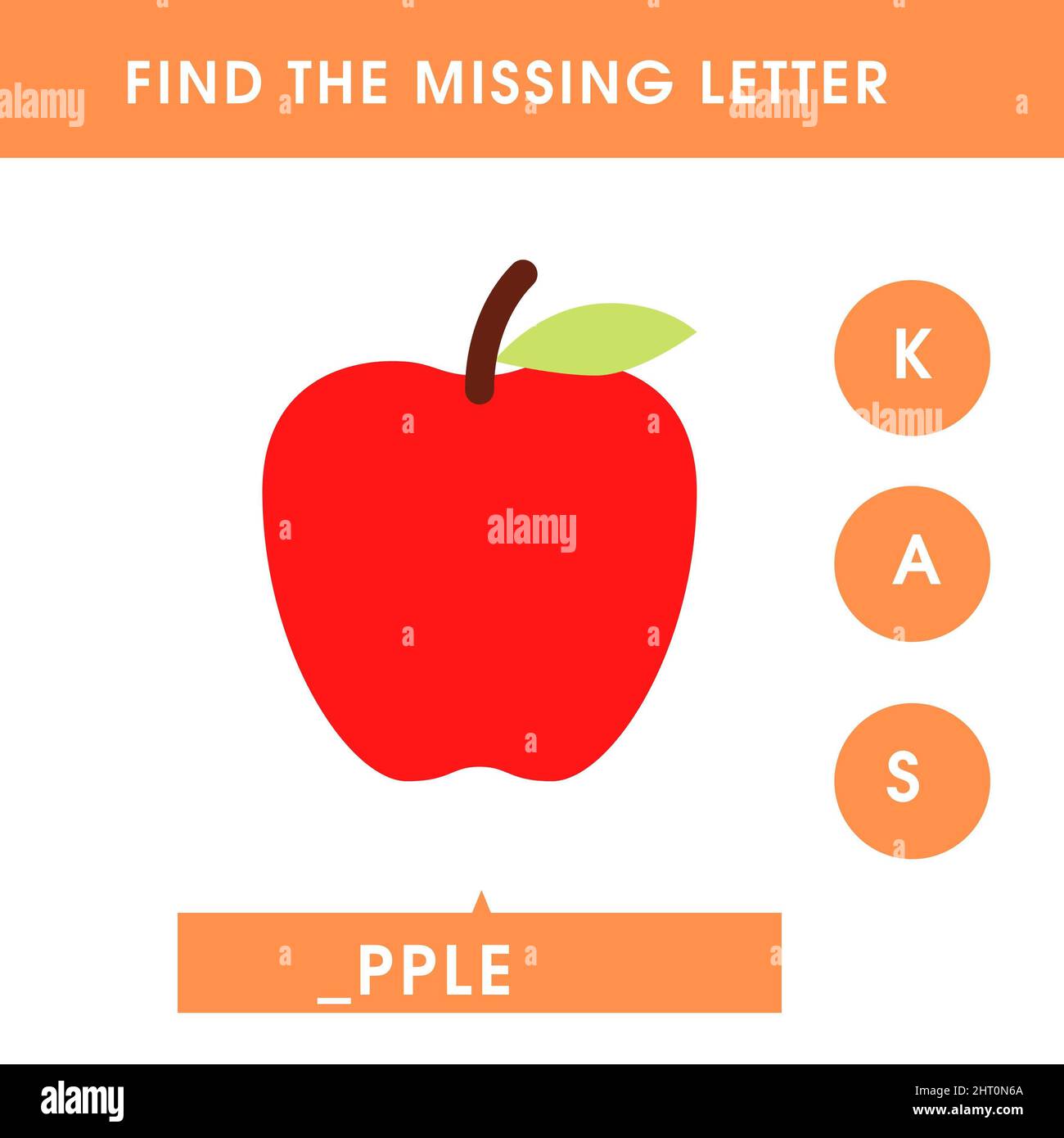 Find the missing letter. English grammar game for preschoolers. Spelling worksheet for kids with bright red apple. Stock Photo